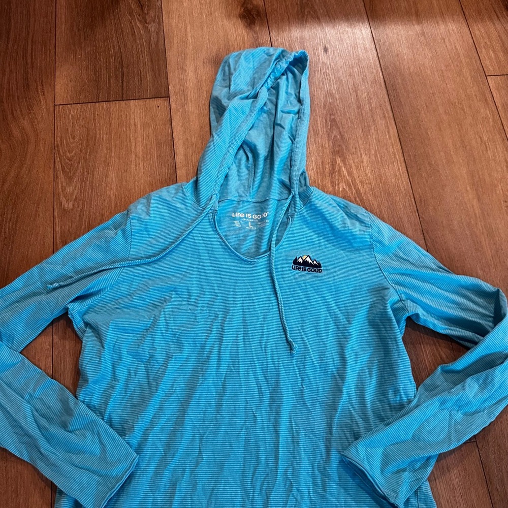 Life is Good Crusher-Lite Hoodie Womens Large Blue Striped Mountain Long Sleeve